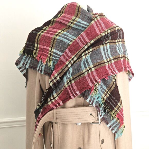 Pink Blue Yellow Burgandy Black Large Plaid Fringe Scarf 52" x 48" - Picture 3 of 7